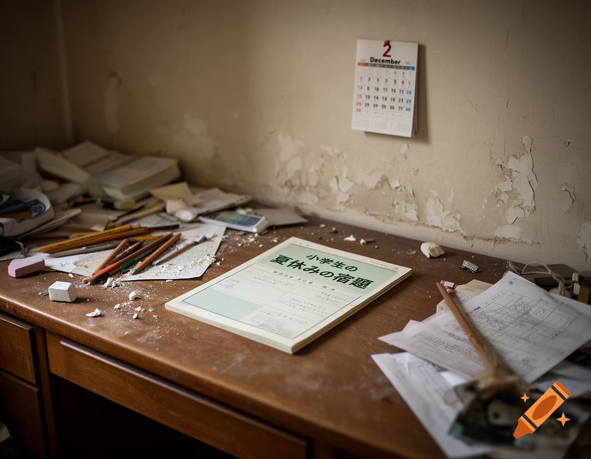 A messy wooden desk with a Japanese summer homework booklet, scattered papers, pencils, and a small December calendar on the wall.