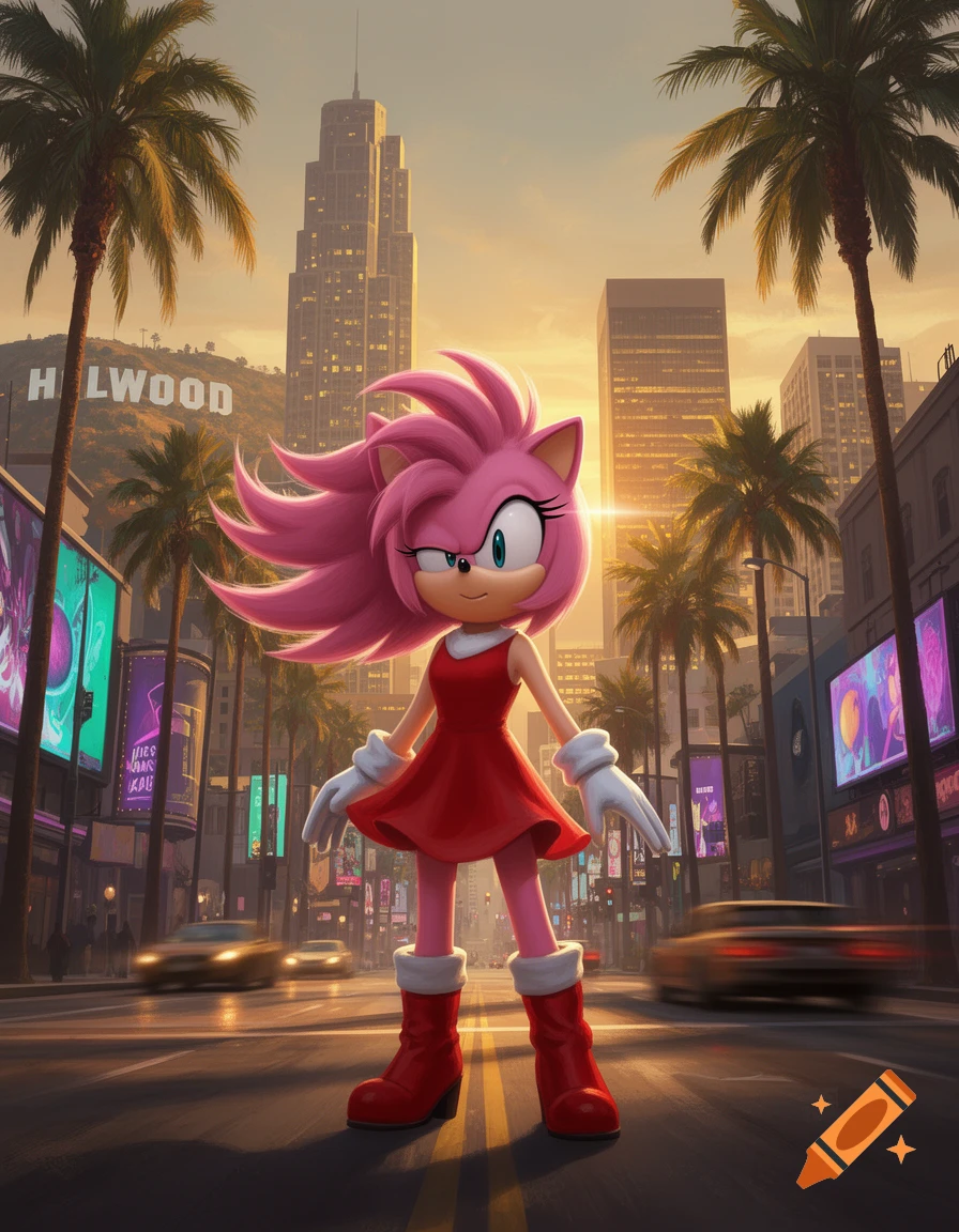 Amy Rose from Sonic the Hedgehog standing in the middle of a Los Angeles street with palm trees and skyscrapers in the background.
