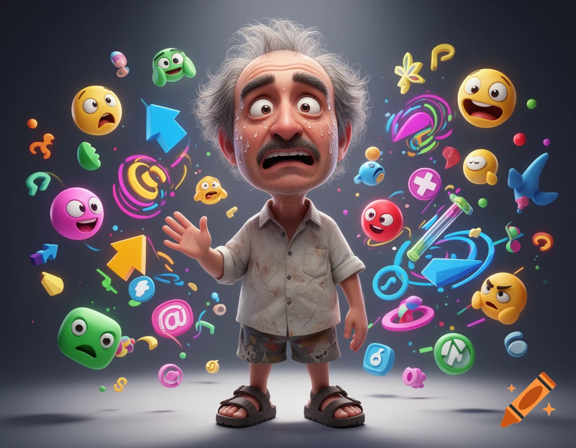 3D cartoon of a sweating, anxious middle-aged man in a wrinkled shirt and shorts surrounded by floating colorful emojis and icons.