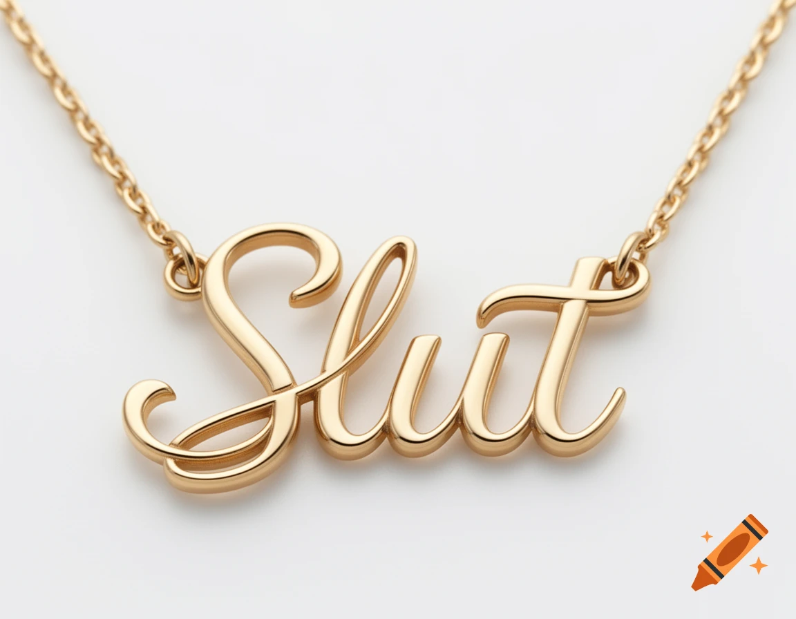 Photorealistic macro photo of a gold necklace featuring the word Slut in cursive script on a white background.