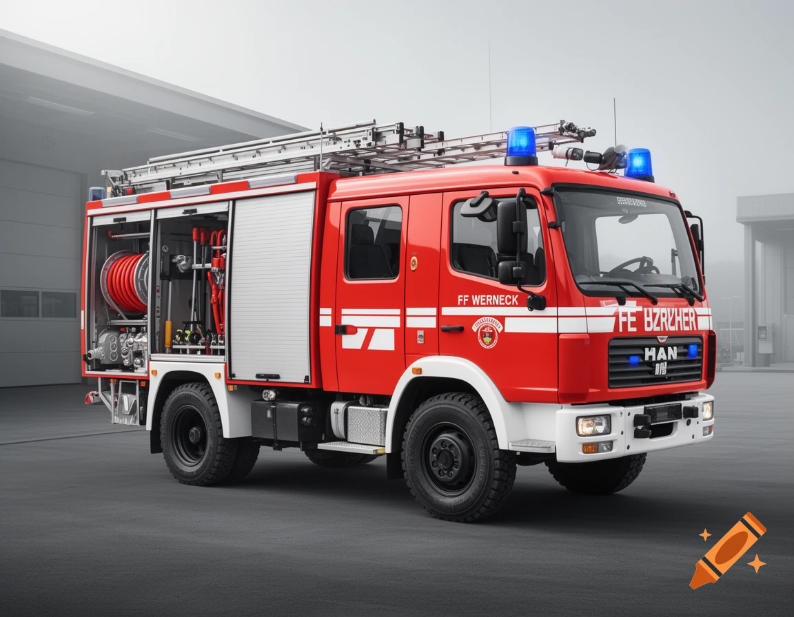 Photorealistic image of a red German fire truck parked outdoors with blue emergency lights.