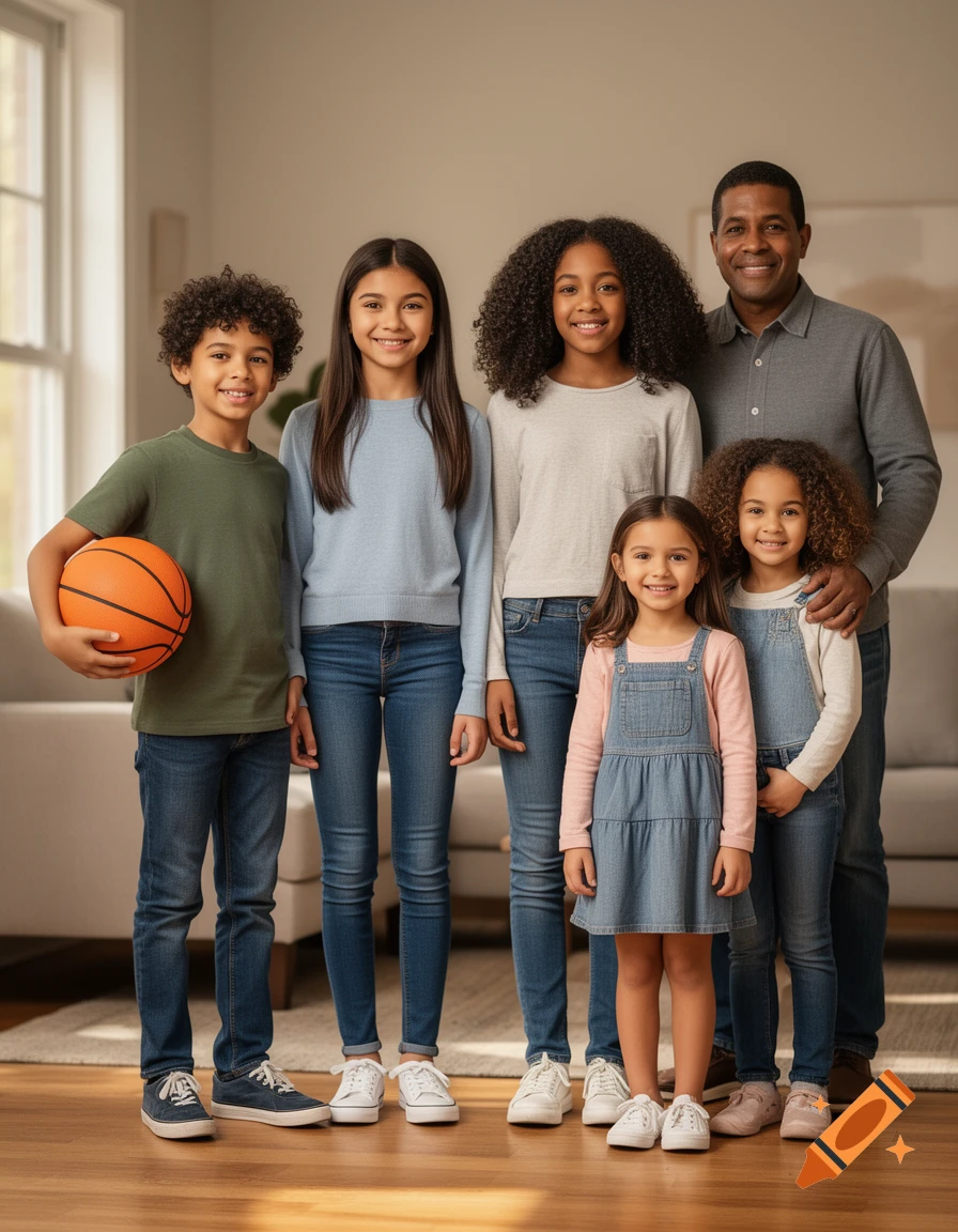 Photorealistic portrait of a smiling biracial family standing together indoors.