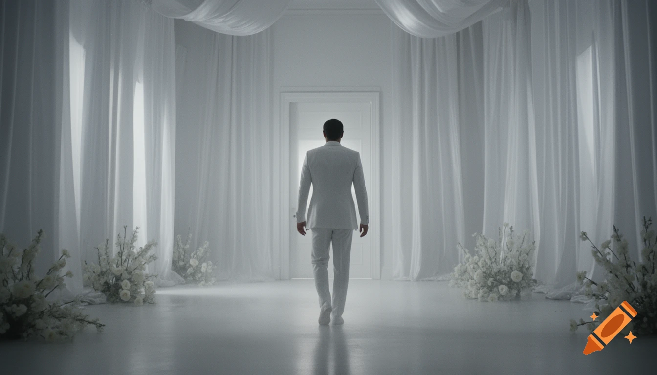 Cinematic wide shot of a man in a white suit walking towards a distant white door in a monochromatic room with white curtains and flowers.