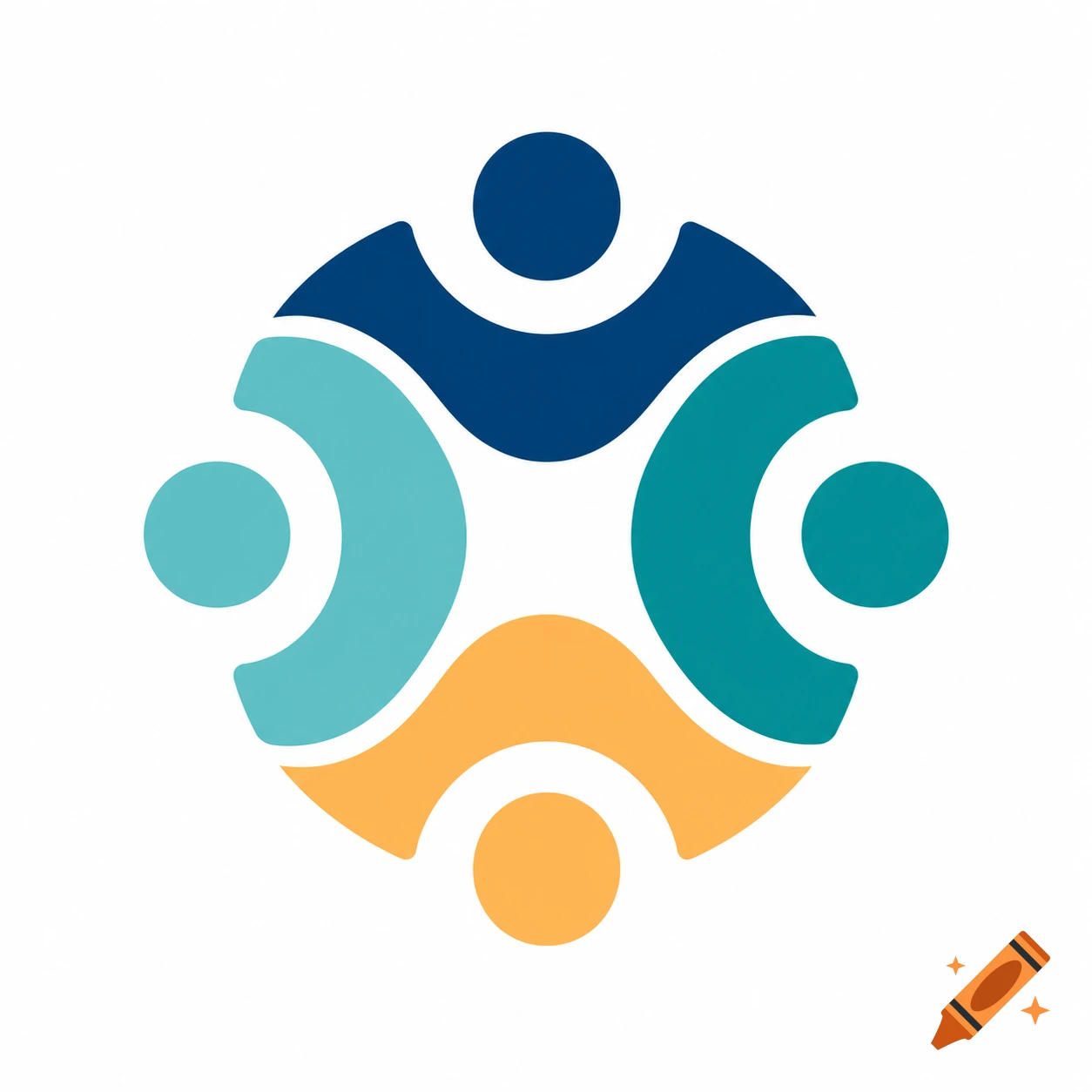 Minimalist circular logo featuring four interconnected human figures in blue, teal, and orange on a white background.