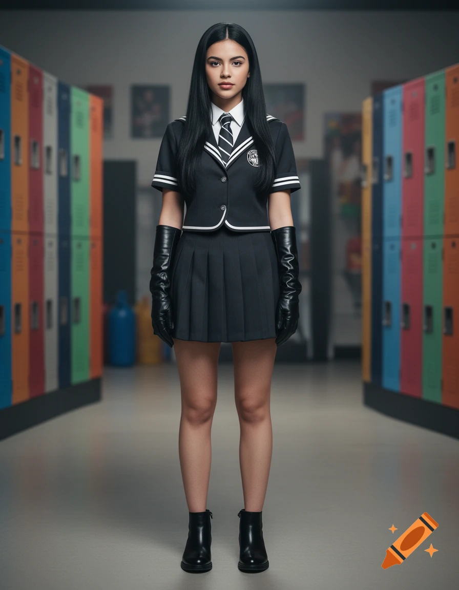 Photorealistic full-body portrait of a young woman with long black hair, wearing a black school uniform with gloves and boots, standing in a hallway between lockers.