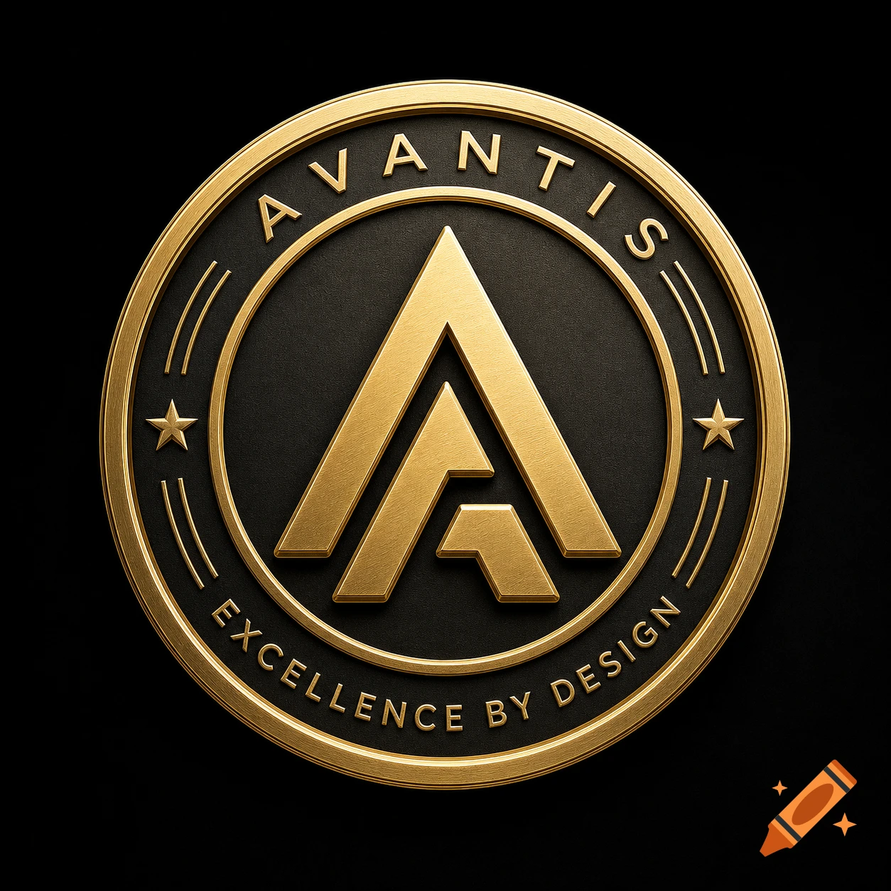 A golden coin-like medallion with the text AVANTIS and EXCELLENCE BY DESIGN surrounding a geometric A logo on a black background.