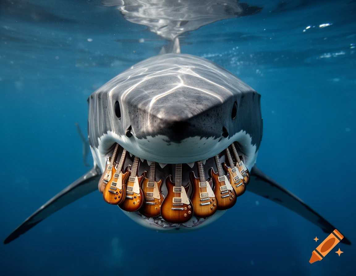 Close-up photorealistic underwater view of a great white shark with acoustic guitars instead of teeth in its open mouth.