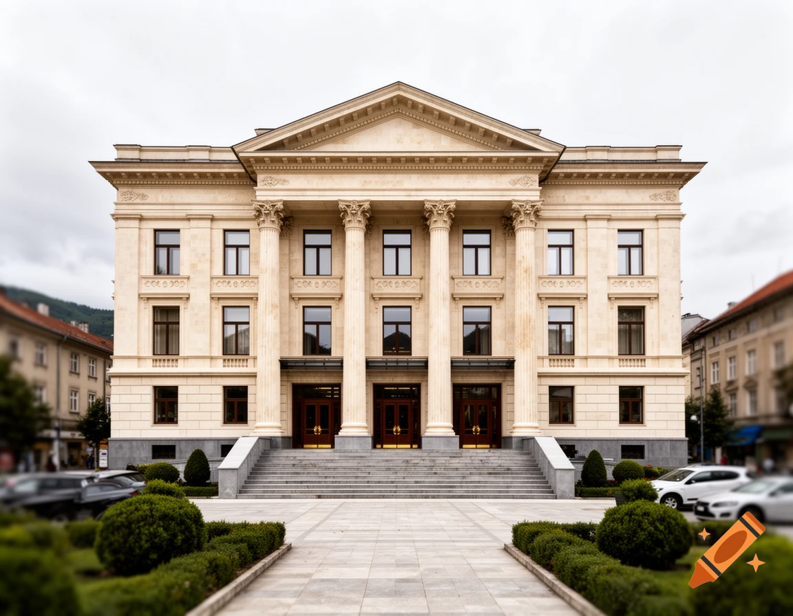 Photorealistic image of a neoclassical central bank building with symmetrical columns, large windows, and a grand staircase in front.