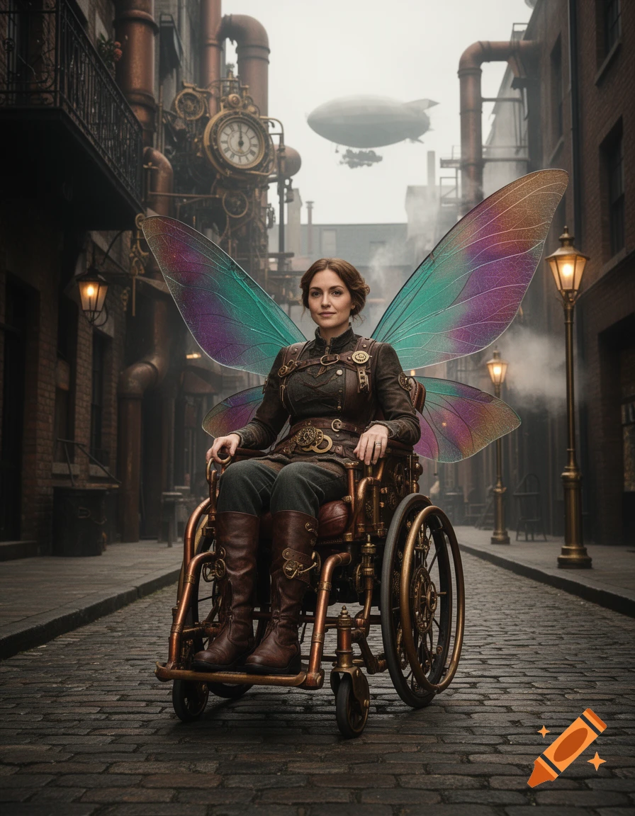 A woman in a steampunk wheelchair with large iridescent fairy wings, sitting on a cobblestone street in a Victorian city.