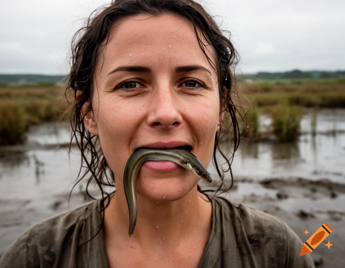 Photorealistic close-up of a wet woman with mud on her face and clothing holding an eel in her mouth, in a swampy landscape.