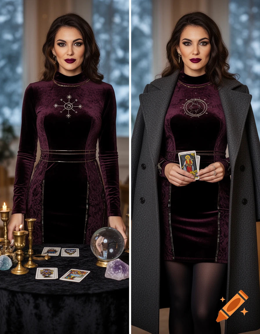 Photorealistic split image of a tarot reader wearing a dark velvet dress and coat, with tarot cards and a crystal ball on a table.