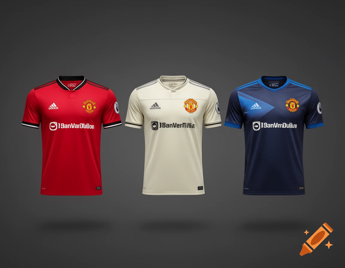 Three Manchester United football kits in red, off-white, and dark blue displayed against a dark gray background.