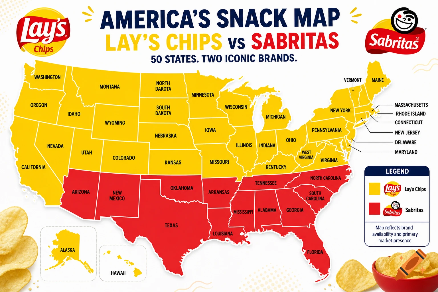 An illustrated map of the United States dividing states by Lay's Chips and Sabritas availability.
