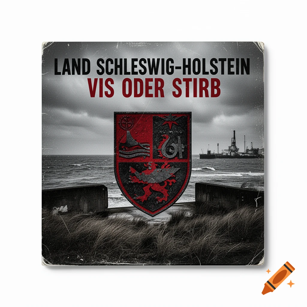 CD cover for Land Schleswig-Holstein featuring the title VIS ODER STIRB, a crest, sea, and industrial harbor in a gritty black and red style.