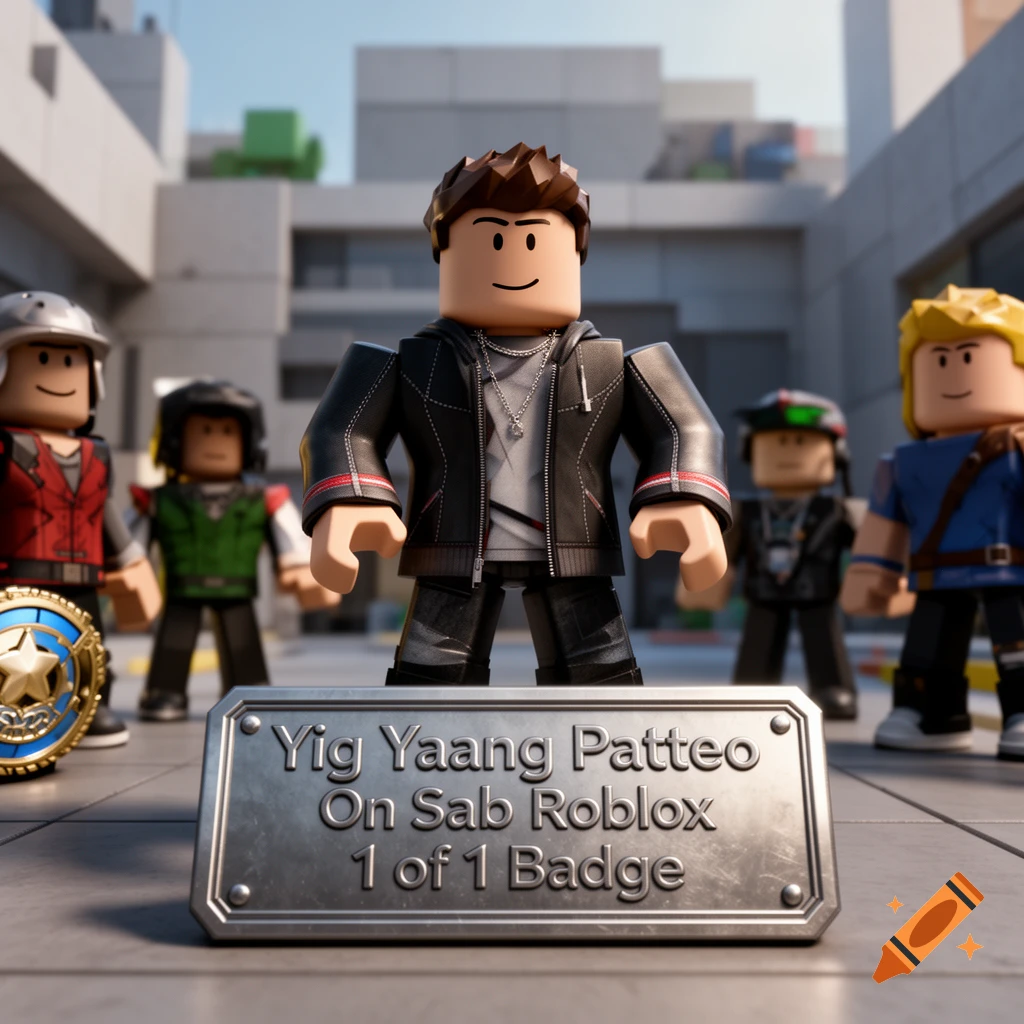 A 3D render of a central Roblox-style character in a leather jacket behind a metallic badge reading 'Yig Yaang Patteo On Sab Roblox 1 of 1 Badge', surrounded by other Roblox avatars in an urban setting.