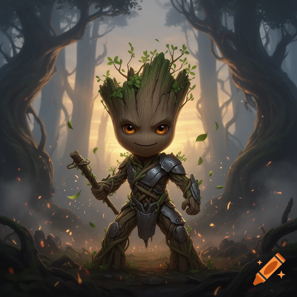 A stylized digital painting of a baby Groot character wearing armor in a dark, misty forest holding a small wooden staff.