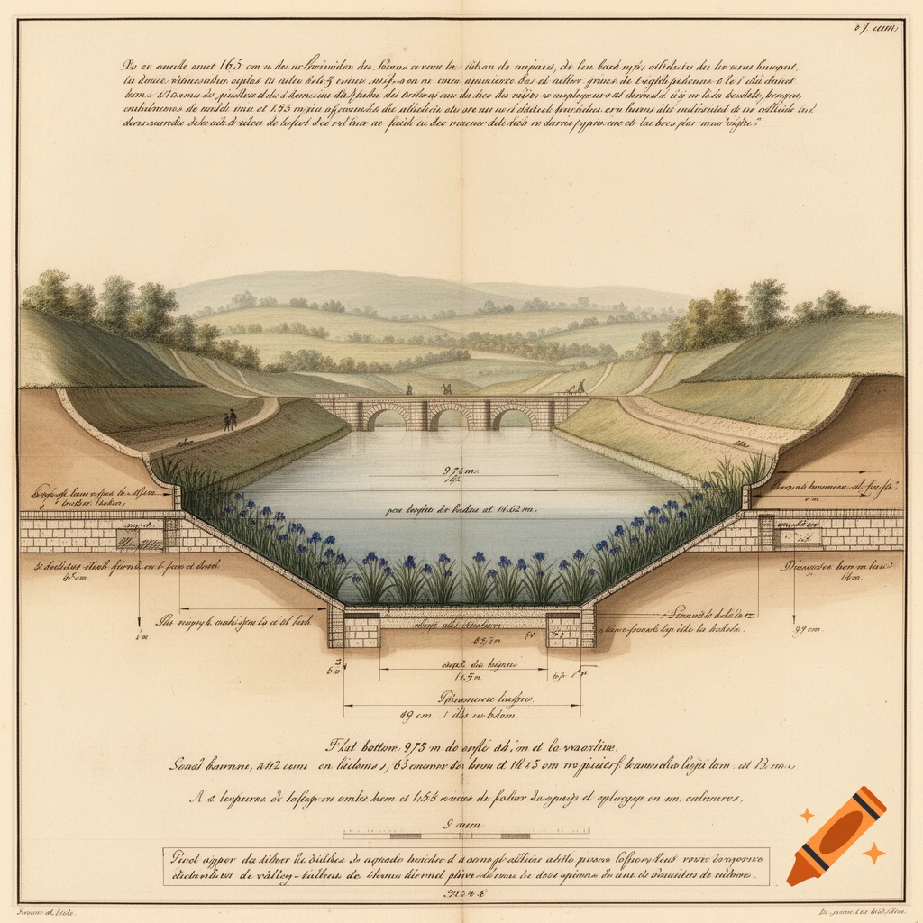 Historical technical cross-section diagram of a canal with dimensions, bridges, and French annotations in an aged paper style.