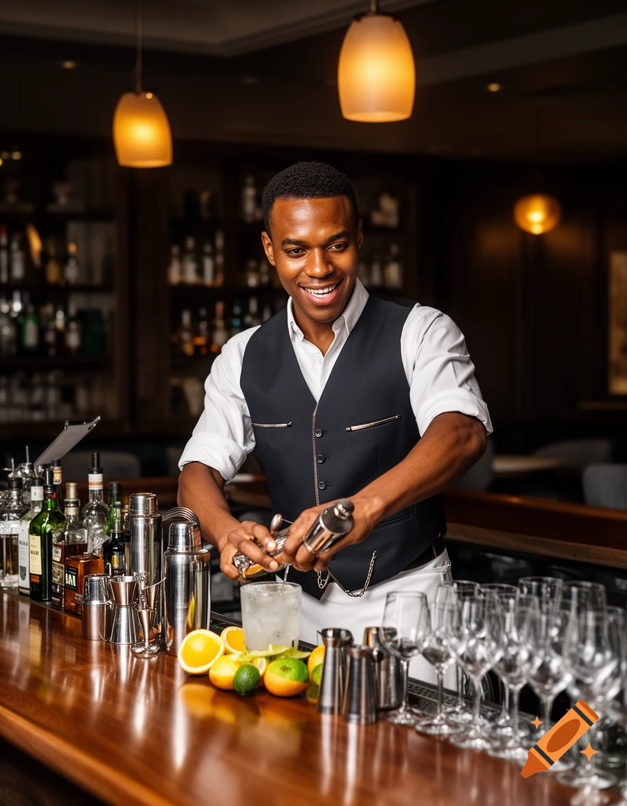 Photorealistic image of a smiling Black bartender in a white shirt and black vest preparing a cocktail at a wooden bar with bottles and glasses in the background.