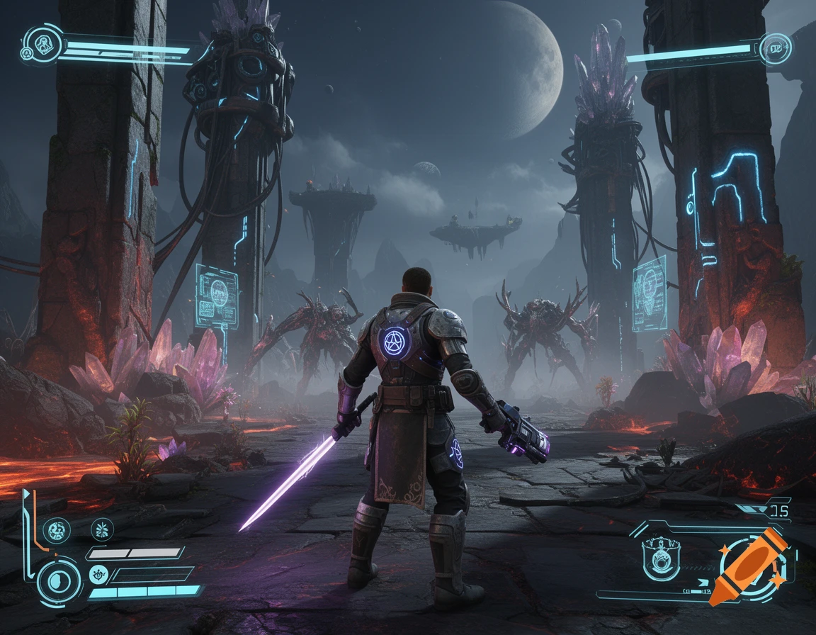 Third-person view of a sci-fi fantasy warrior holding a glowing sword in a ruined alien landscape with HUD elements.