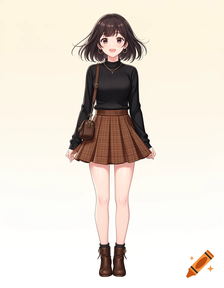Anime illustration of a smiling girl with dark bobbed hair wearing a black turtleneck, brown plaid miniskirt, boots, and a small shoulder bag.