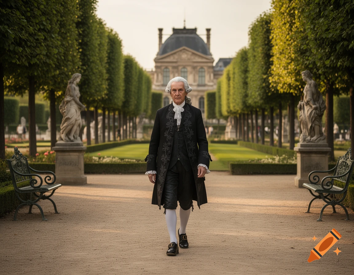 A man in 18th-century attire walking down a gravel pathway in the Tuileries Garden in Paris, with classical statues and trees lining the path.