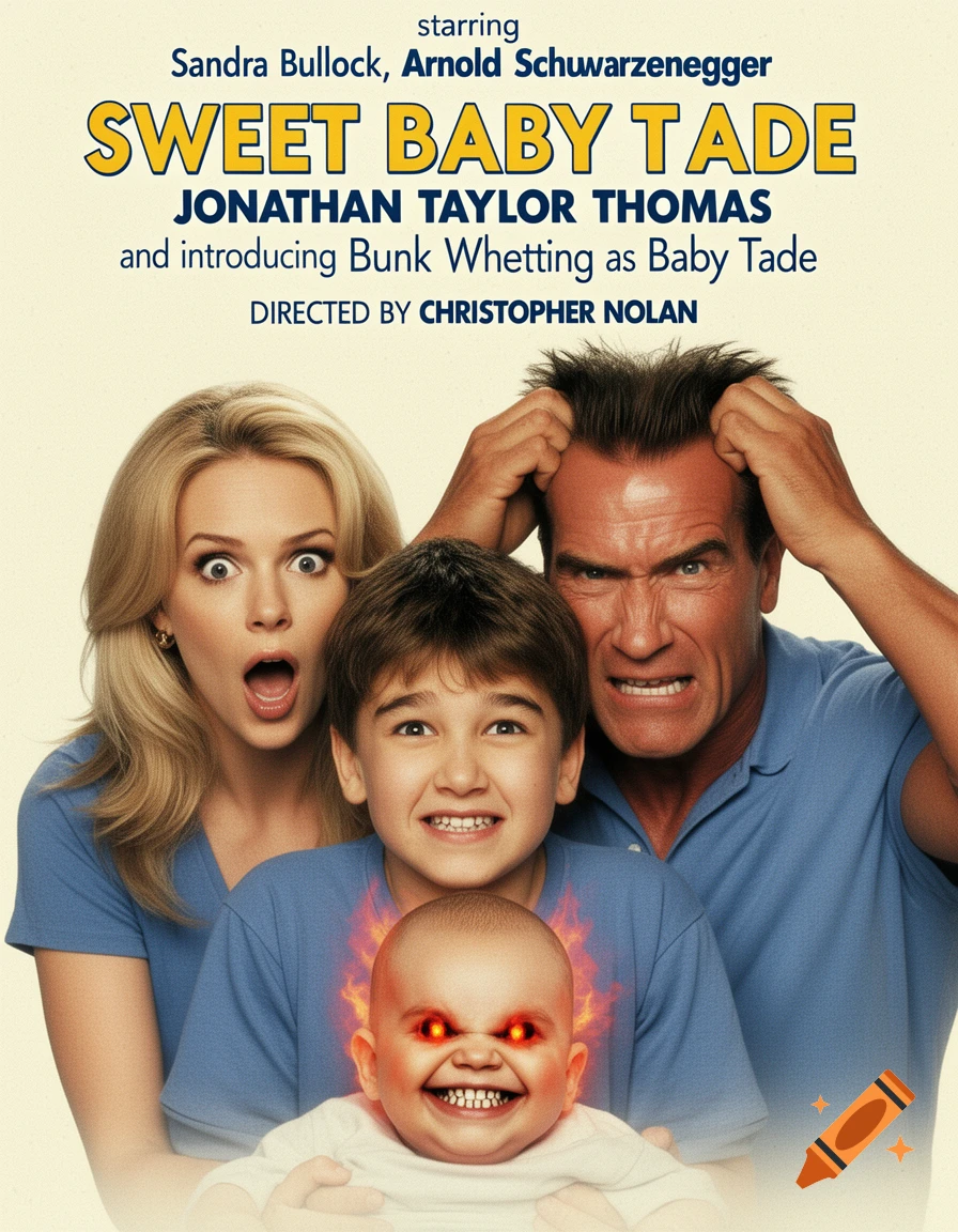 A humorous 1990s movie poster featuring Sandra Bullock, Jonathan Taylor Thomas, and Arnold Schwarzenegger reacting to an evil baby.