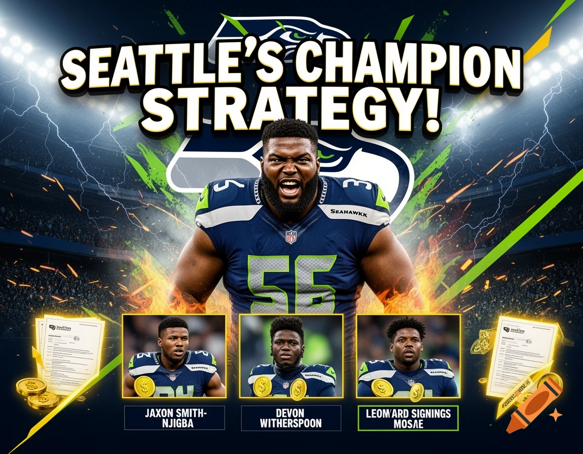 Seattle Seahawks football thumbnail with players, stadium background, and large text.