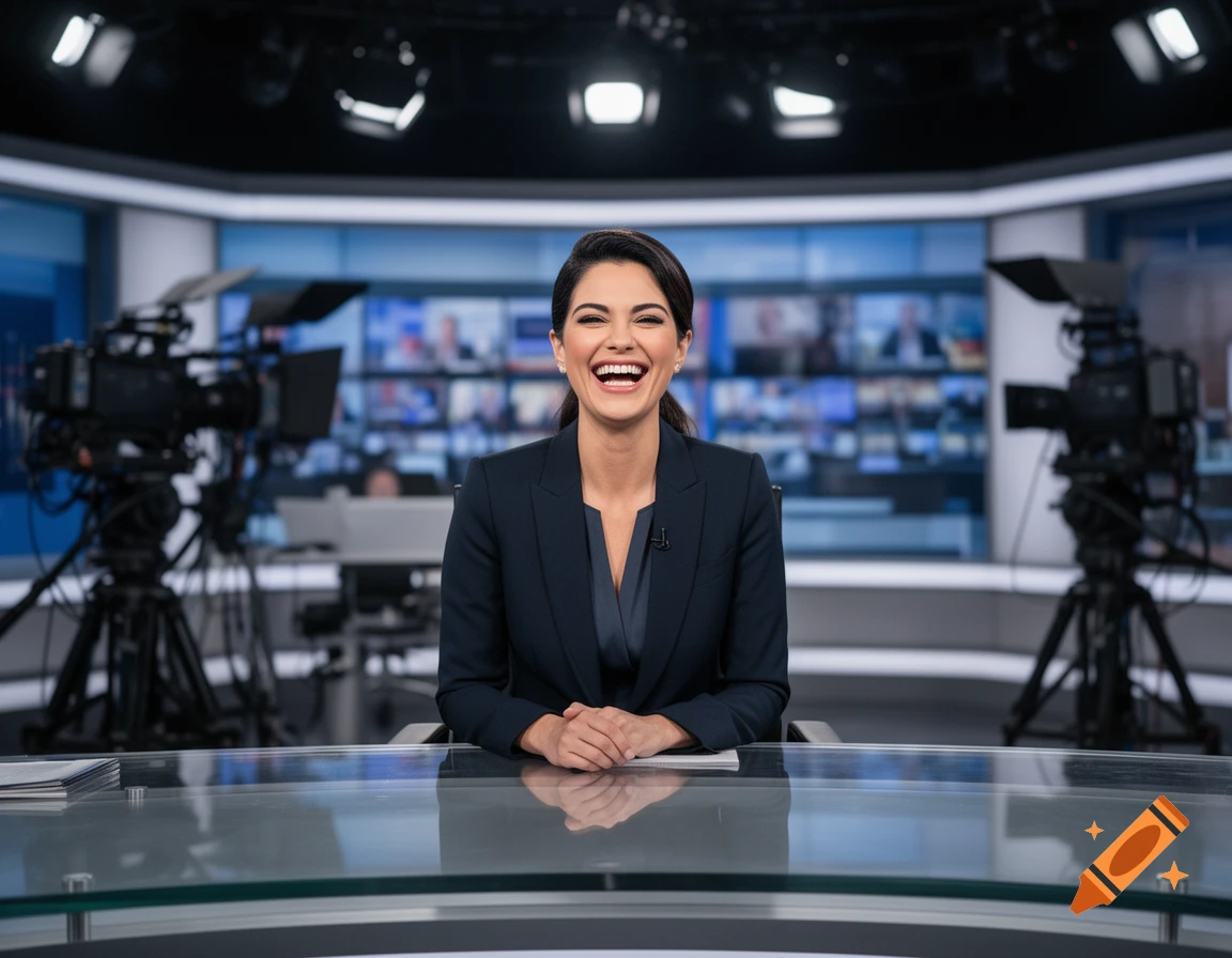 Photorealistic news anchor smiling and laughing in a modern broadcast studio with cameras and monitors.