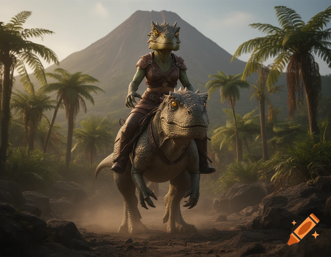 An anthropomorphic lizard woman wearing leather armor riding a dinosaur through a prehistoric jungle with a volcano in the background, photorealistic style.