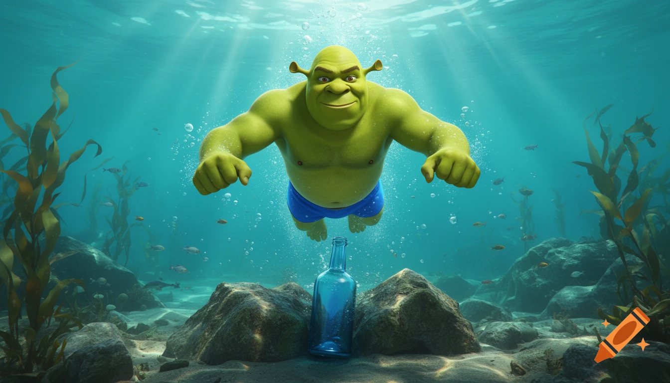 3D animated Shrek diving underwater towards a blue glass bottle stuck between rocks.