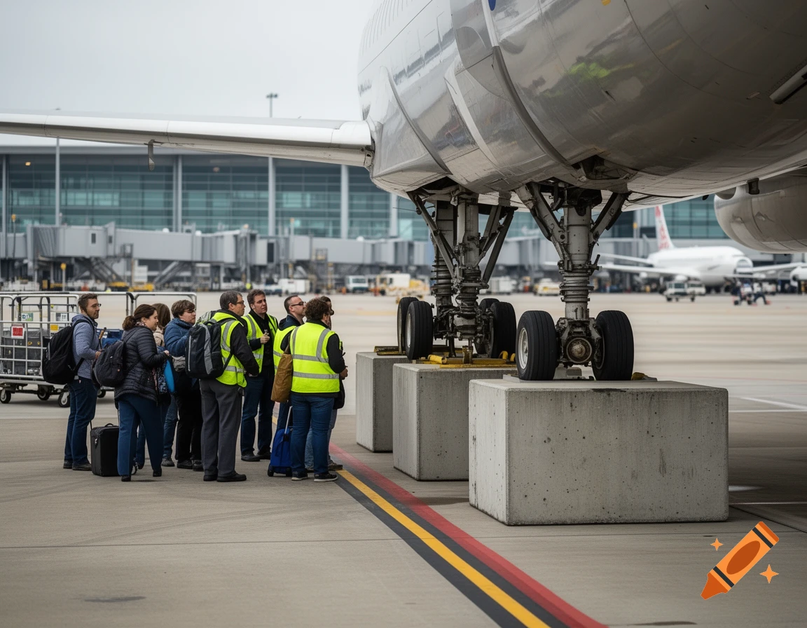 People in high-vis vests standing near an airplane landing gear supported by concrete blocks at an airport.