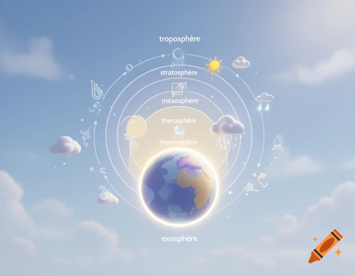 3D illustration of Earth surrounded by atmospheric layers and meteorological symbols against a blue sky.