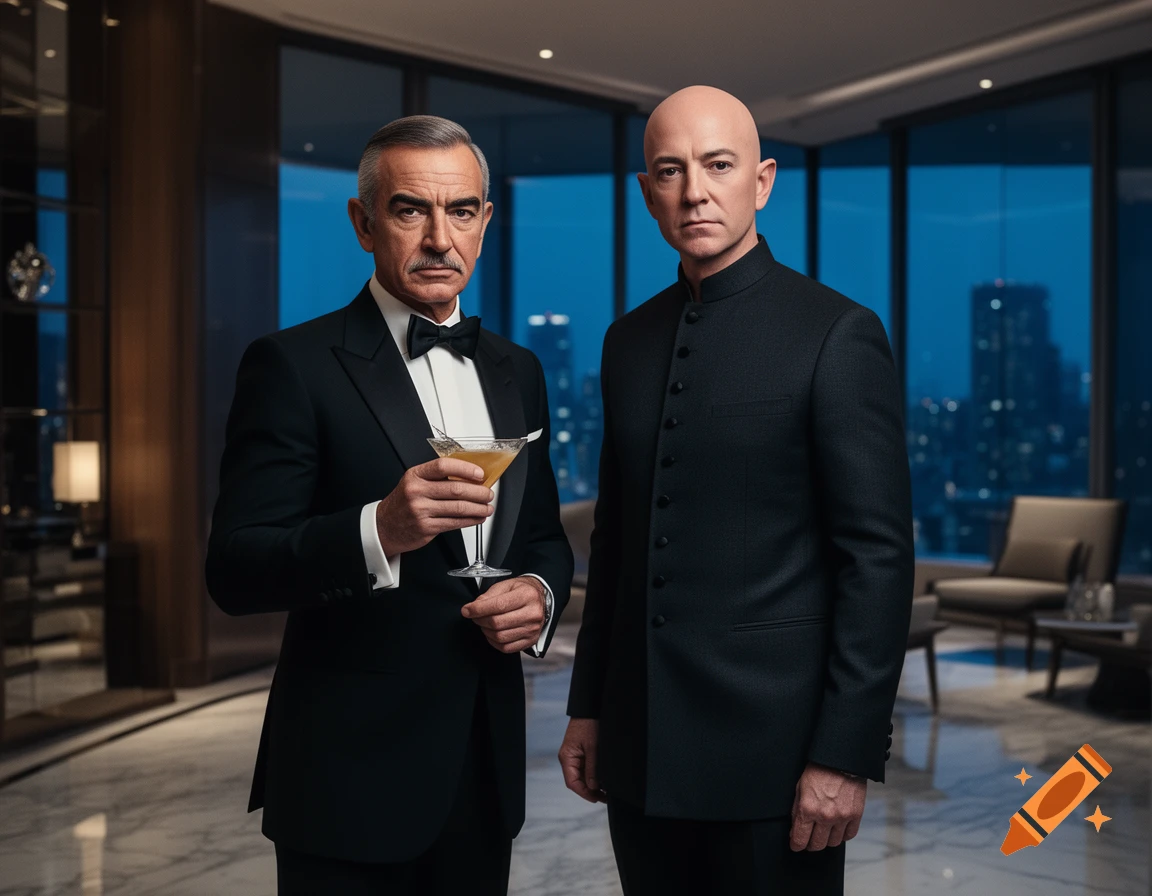 Photorealistic image of Sean Connery as James Bond holding a martini and Jeff Bezos as a villain in a luxury apartment overlooking a city skyline.