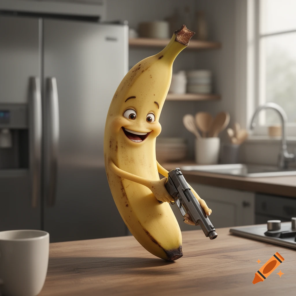 3D animated style banana character holding a handgun in a kitchen, smiling.