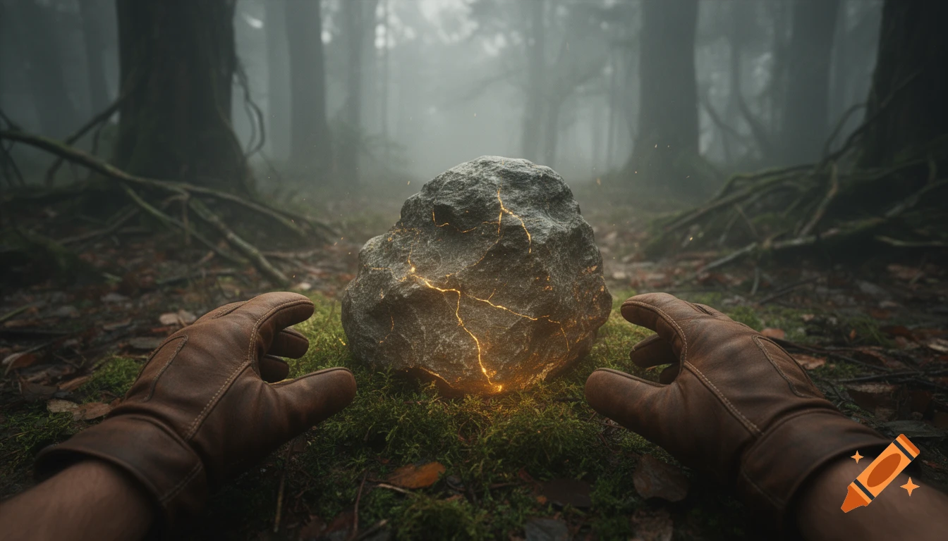 Cinematic view of two gloved hands reaching toward a glowing, cracked stone resting on moss in a misty forest.
