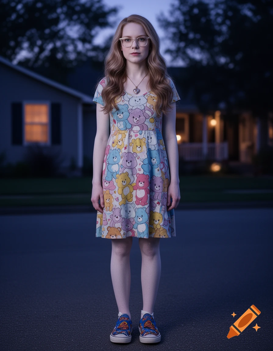 Photorealistic full-body portrait of a young woman with long wavy hair and glasses, wearing a Care Bears dress standing outdoors at dusk.