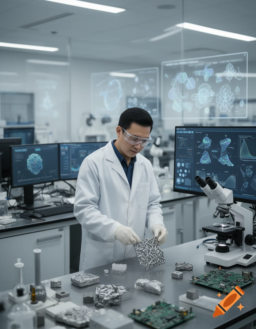 A scientist in a lab coat and safety glasses holding a material sample in a high-tech laboratory.
