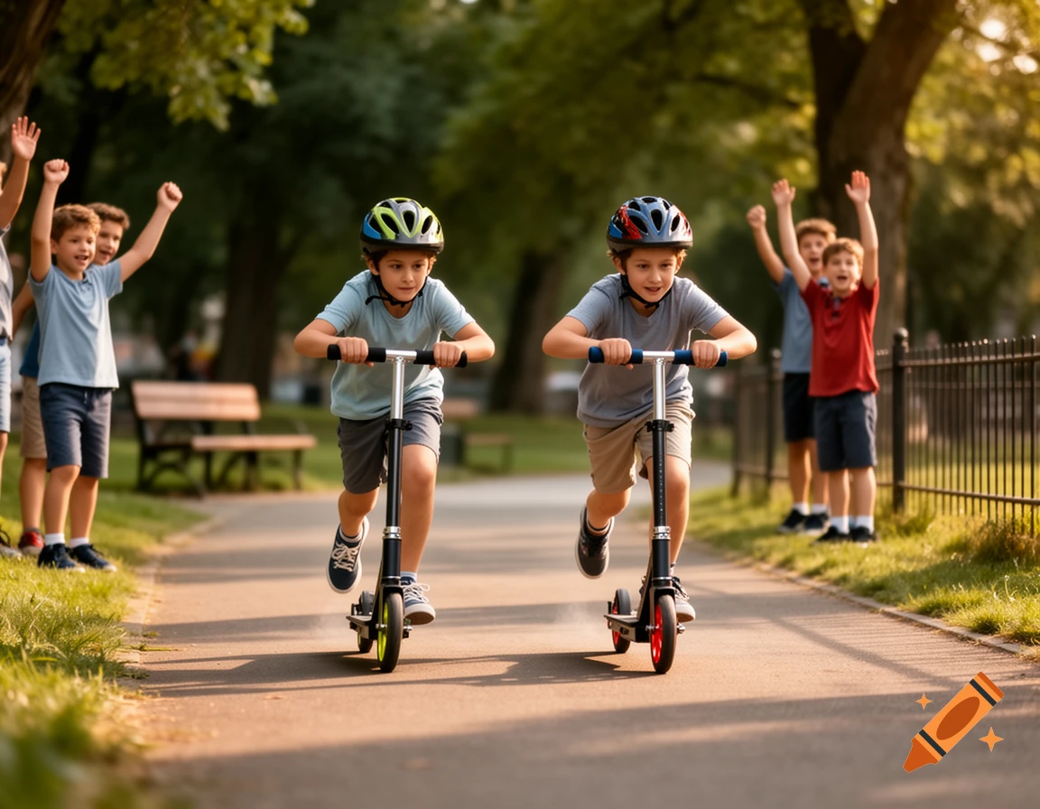 Two young boys racing on scooters in a park, cheered on by friends, photorealistic.