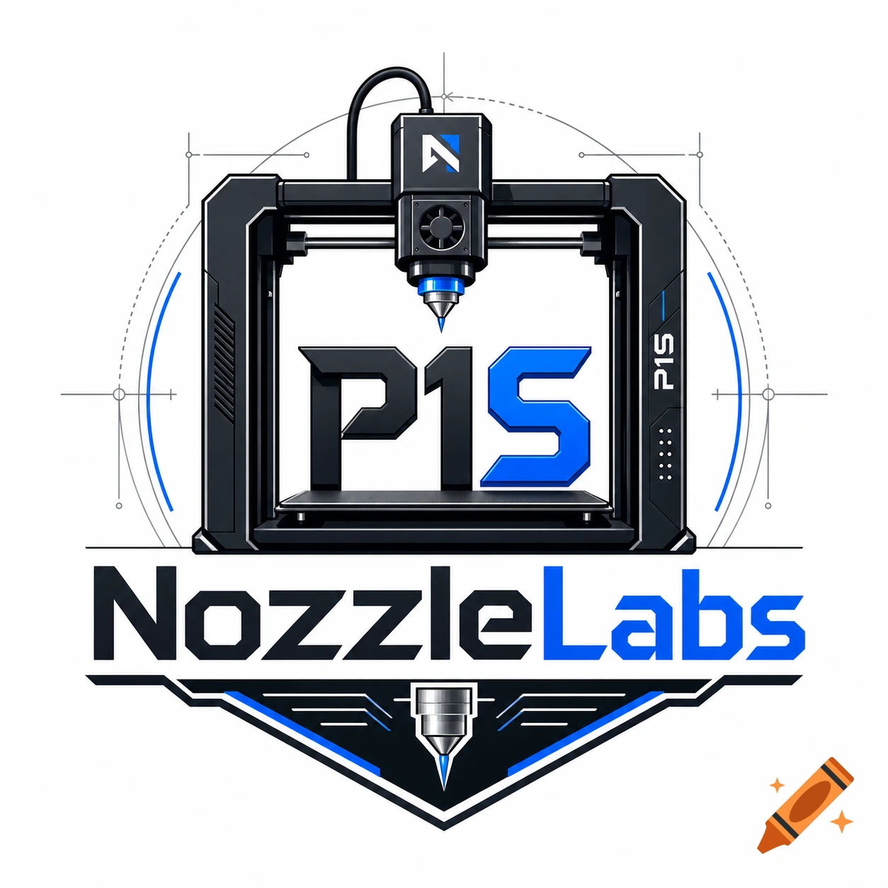 Vector style logo for NozzleLabs featuring a 3D printer and the text P1S and NozzleLabs in blue and black.