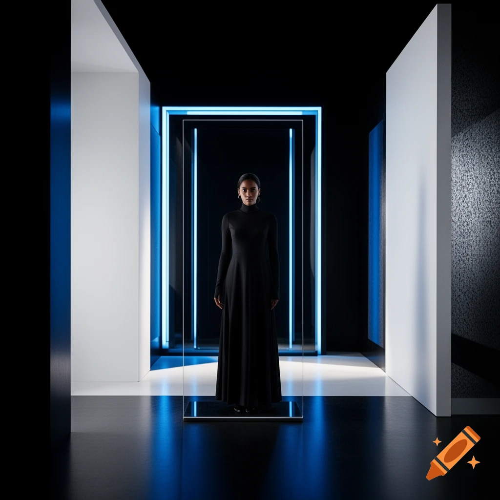 A person in a long black dress standing inside a glowing blue portal in a modern minimalist corridor.
