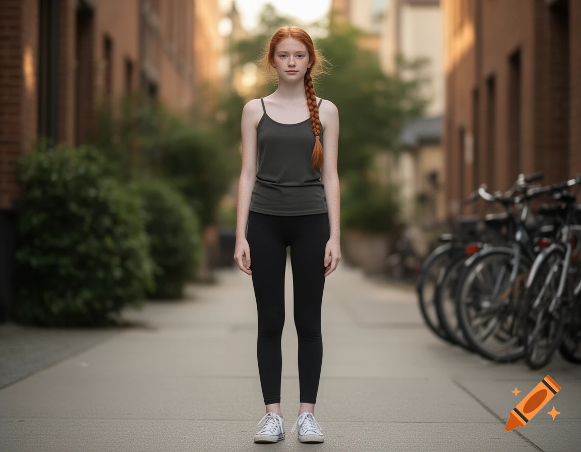 Photorealistic full-body shot of a young redhead woman with a braid standing in an alleyway between buildings, wearing a tank top, leggings, and sneakers.