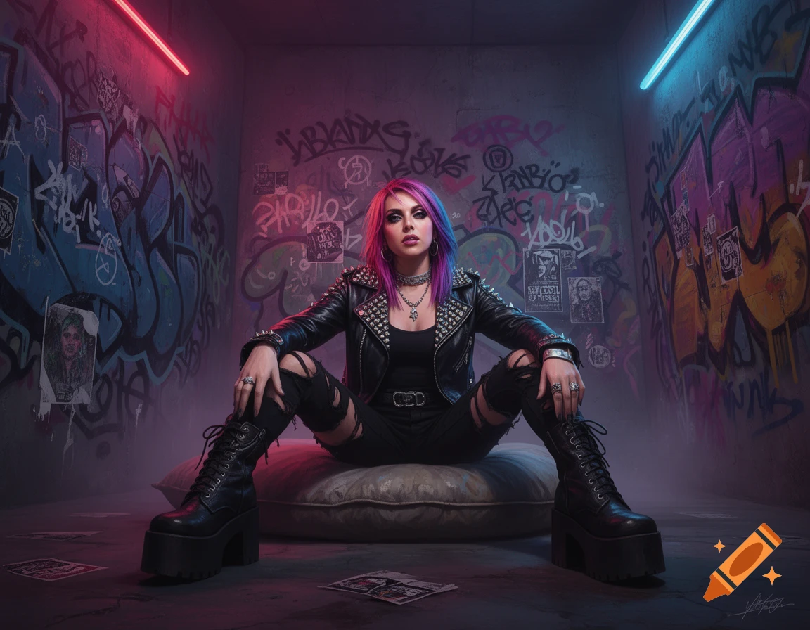Photorealistic image of a punk girl with pink and blue hair sitting on a cushion in a graffiti-covered room.