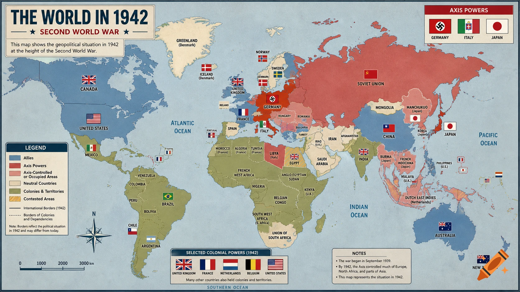 Detailed political world map depicting the geopolitical situation in 1942 during the Second World War with country borders and flags.