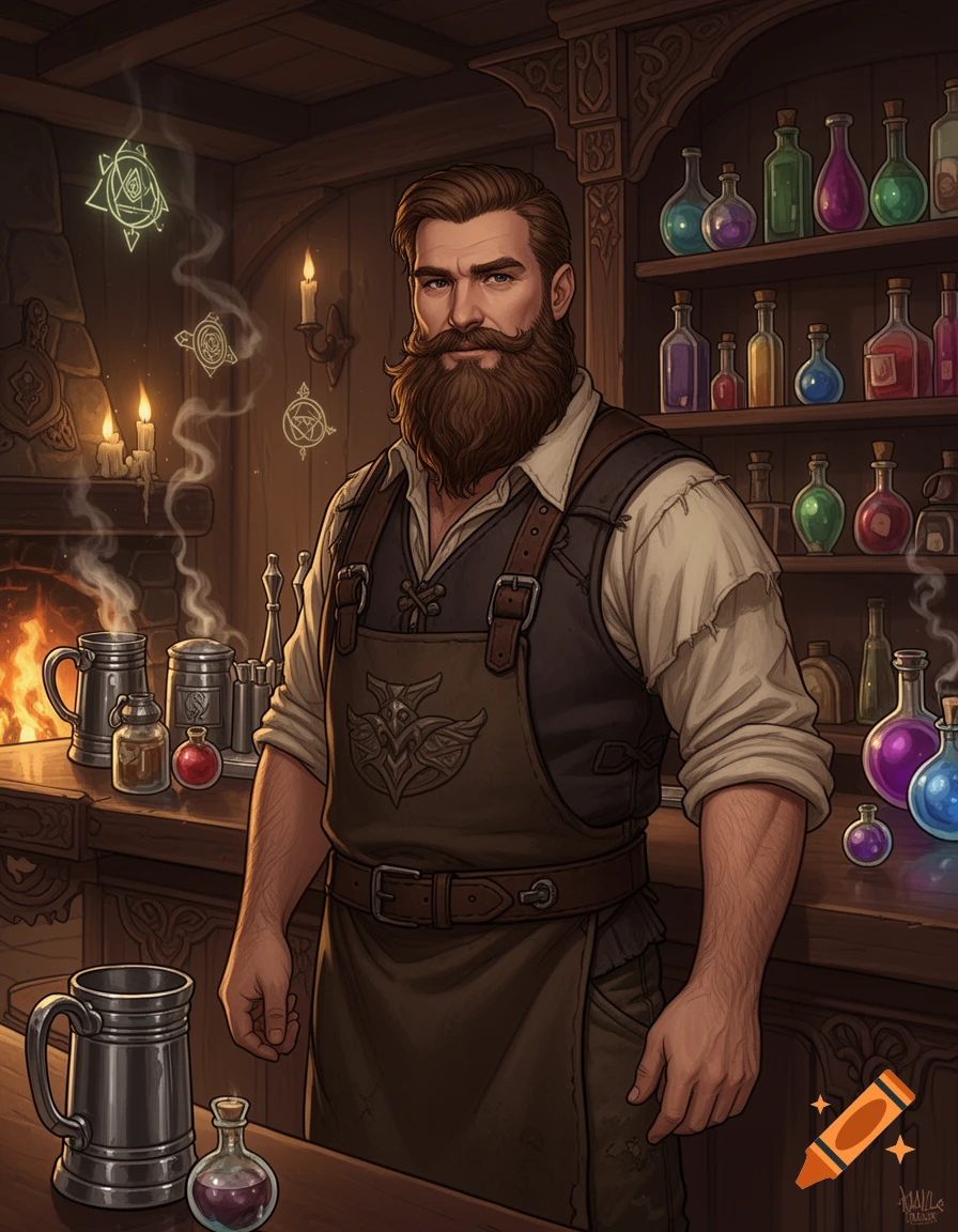 Digital illustration of a bearded bartender in a tavern standing behind a counter with potion bottles.