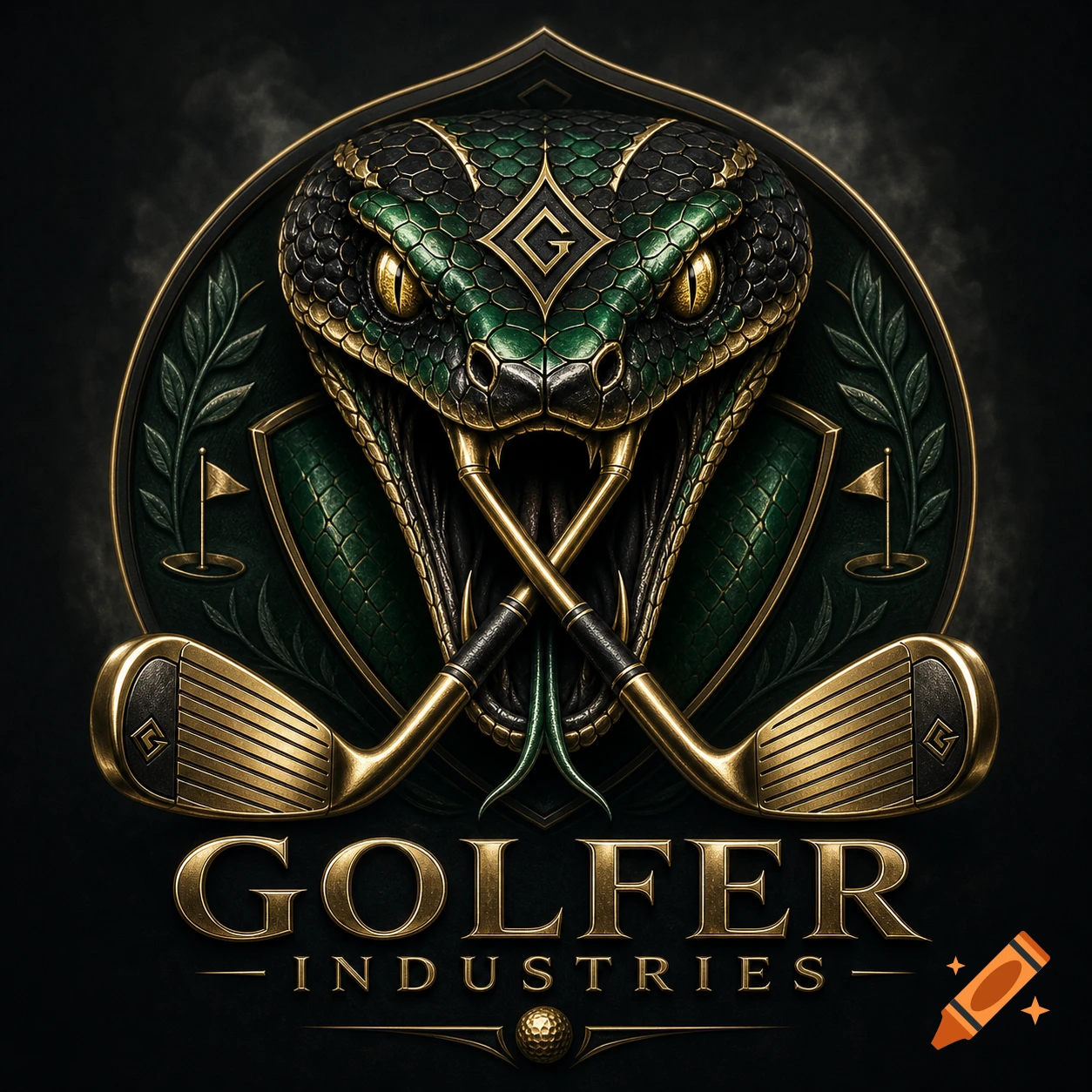 Digital emblem logo featuring a detailed green and gold snake head with crossed golf clubs as fangs, with the text Golfer Industries below.