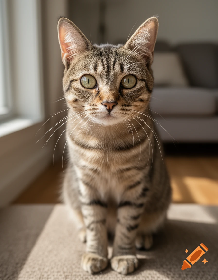 Close-up photorealistic portrait of a tabby cat sitting indoors, looking directly at the camera with wide green eyes.