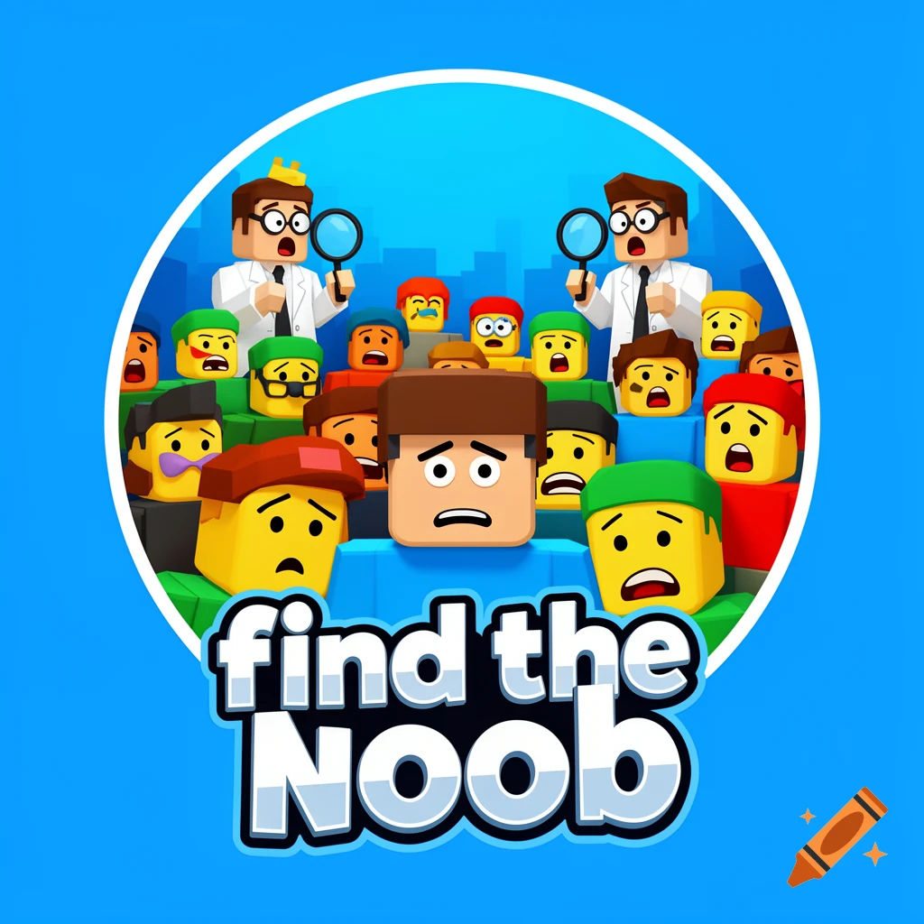 Digital game icon for Find the Noob showing blocky cartoon characters with worried expressions and magnifying glasses, and bold title text.