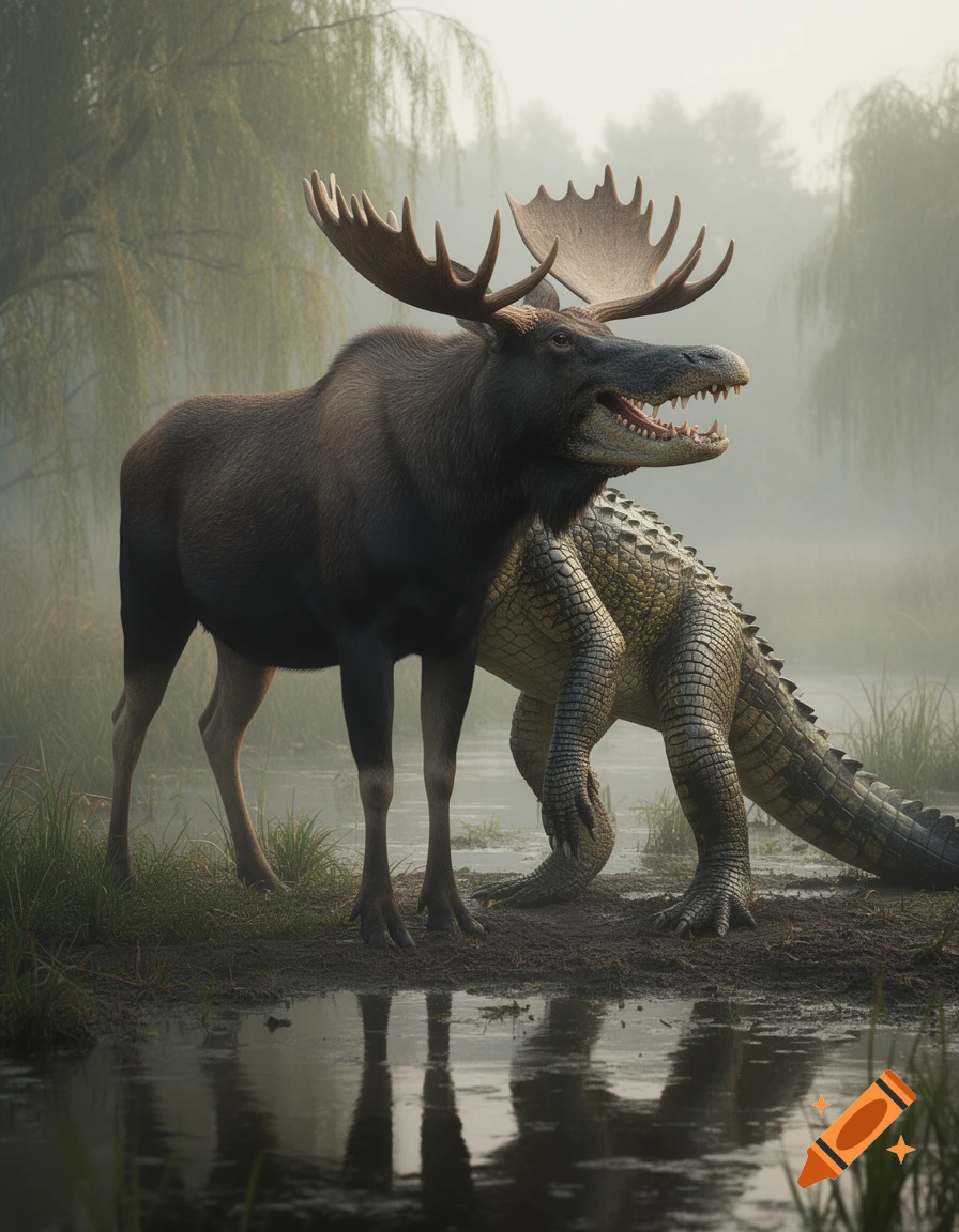 Photorealistic hybrid creature with the body and head of a moose combined with the scaly body and tail of an alligator in a misty wetland.