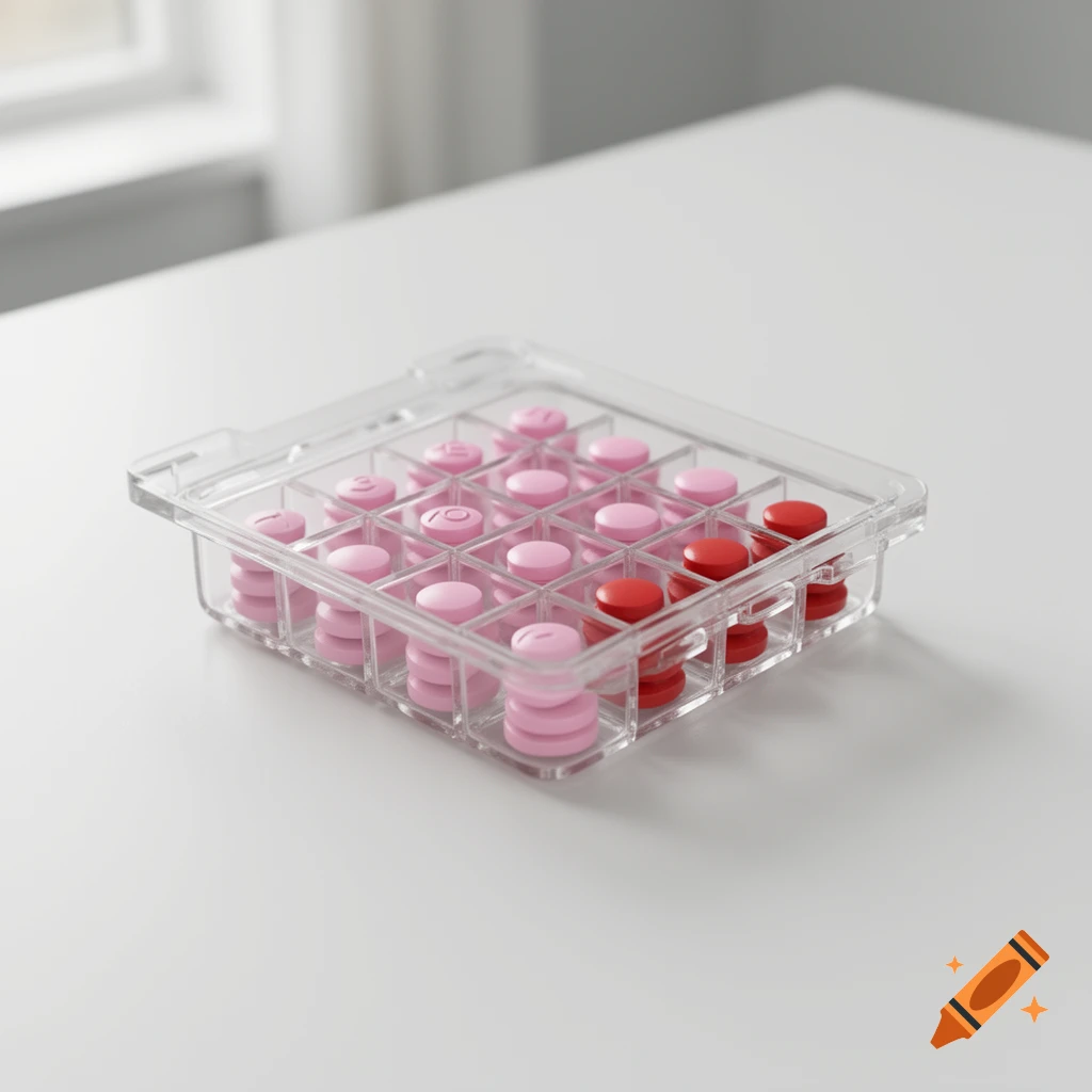 Photorealistic image of a clear plastic pill dispenser containing pink and red pills on a white table.