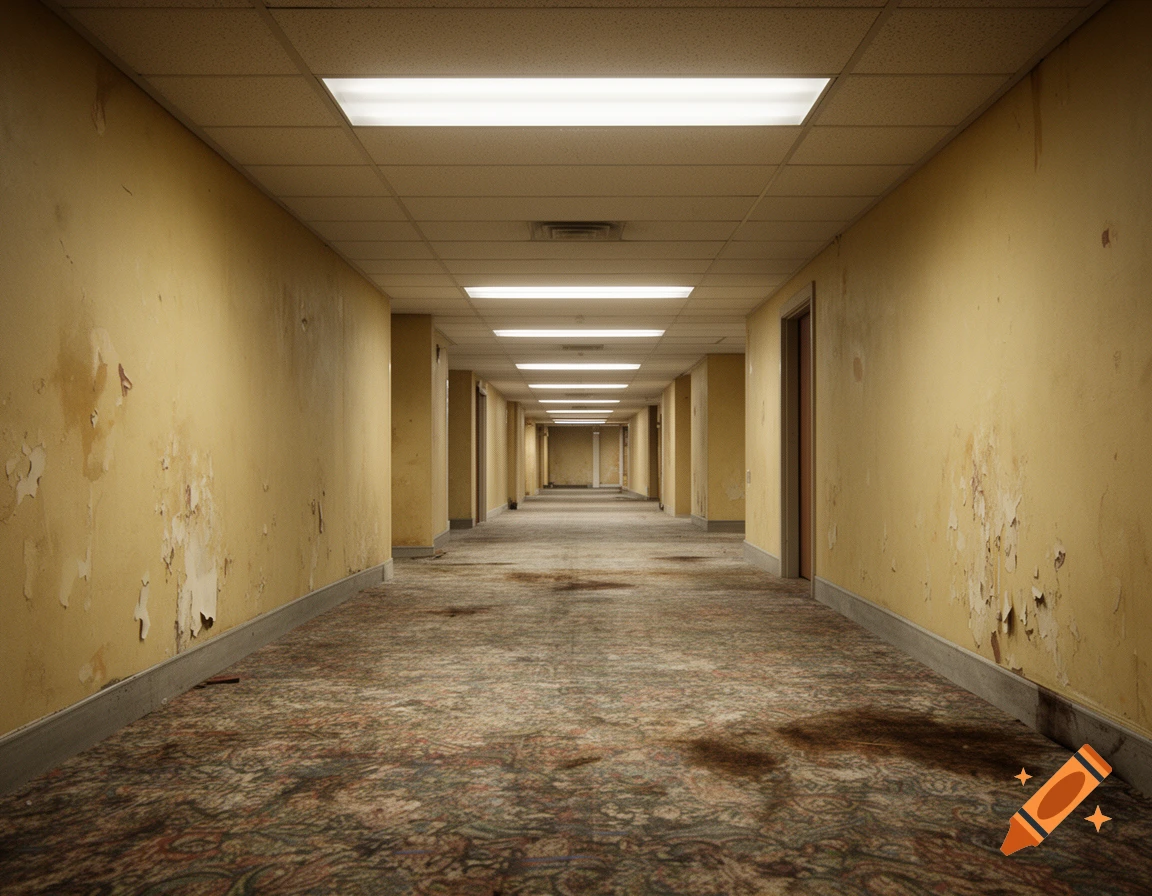Photorealistic image of a long, empty, eerie hallway with yellow peeling wallpaper, stained carpet, and fluorescent ceiling lights.